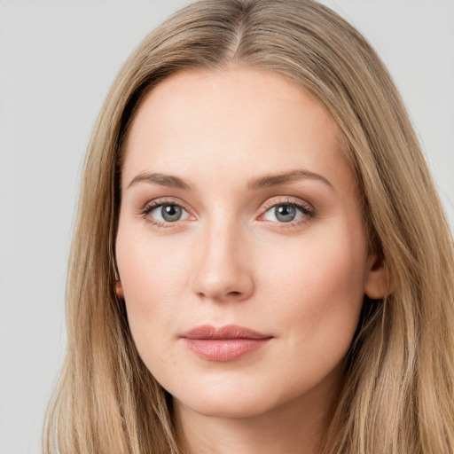 Neutral white young-adult female with long  brown hair and grey eyes