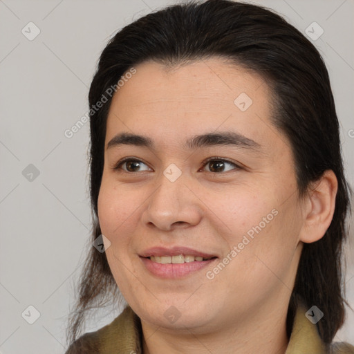 Joyful white young-adult female with medium  brown hair and brown eyes