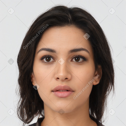 Neutral asian young-adult female with medium  brown hair and brown eyes