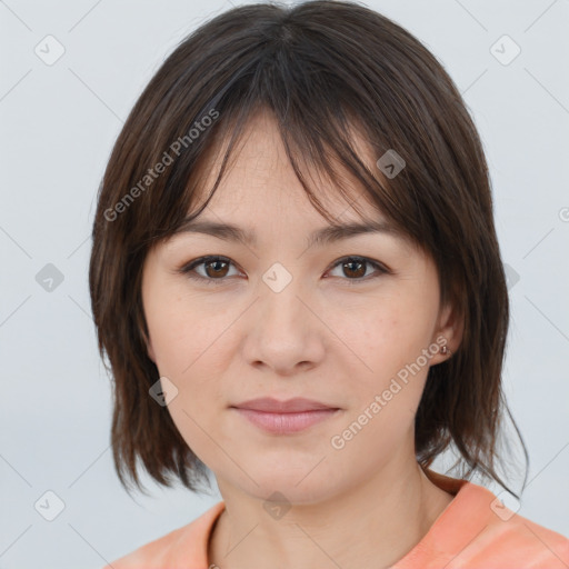 Neutral white young-adult female with medium  brown hair and brown eyes