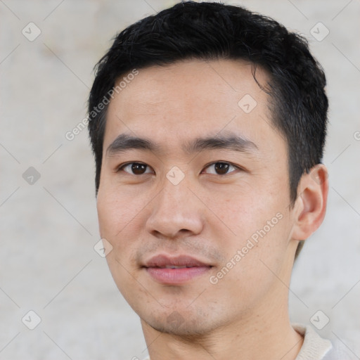 Neutral asian young-adult male with short  black hair and brown eyes