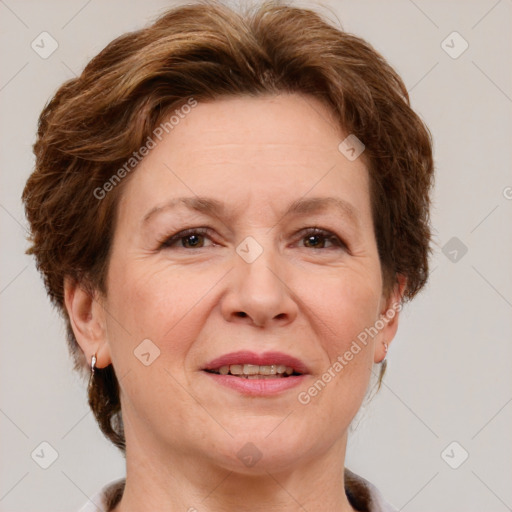 Joyful white adult female with short  brown hair and brown eyes