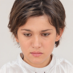 Neutral white young-adult female with short  brown hair and brown eyes