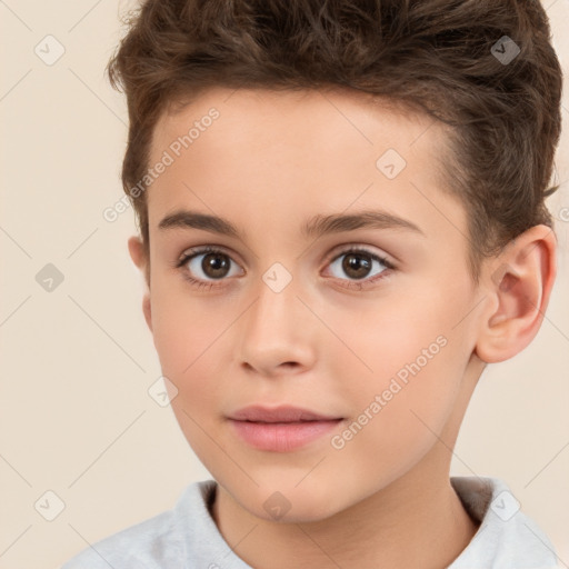 Joyful white child female with short  brown hair and brown eyes