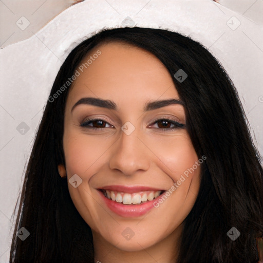 Joyful white young-adult female with long  black hair and brown eyes