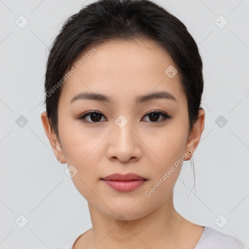 Neutral asian young-adult female with short  brown hair and brown eyes