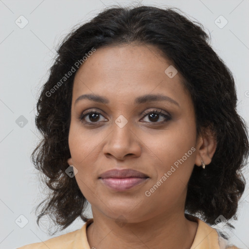 Joyful black young-adult female with medium  brown hair and brown eyes