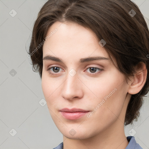 Neutral white young-adult female with medium  brown hair and grey eyes