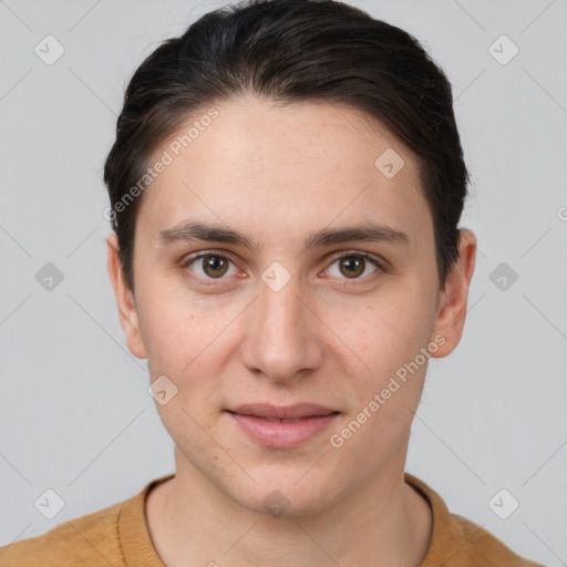 Joyful white young-adult female with short  brown hair and brown eyes