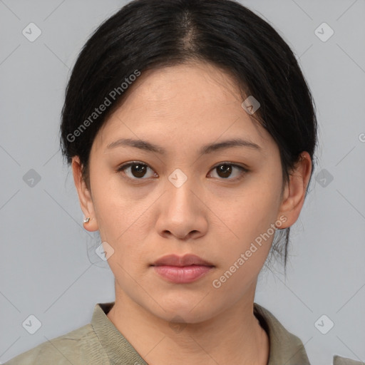 Neutral asian young-adult female with medium  black hair and brown eyes