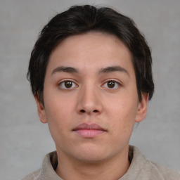 Neutral asian young-adult male with short  brown hair and brown eyes