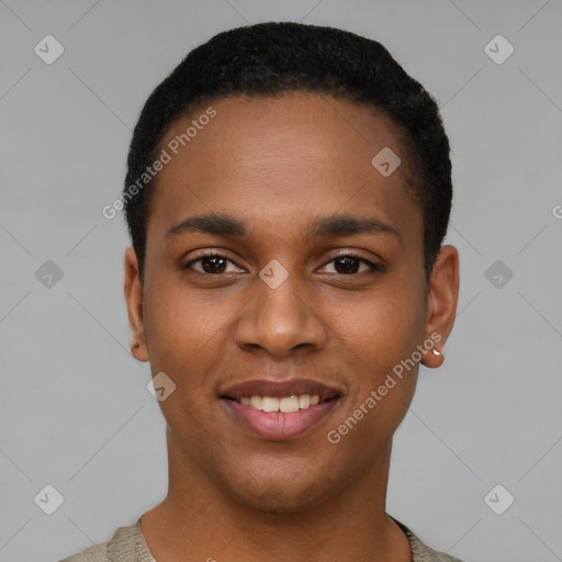 Joyful black young-adult male with short  black hair and brown eyes