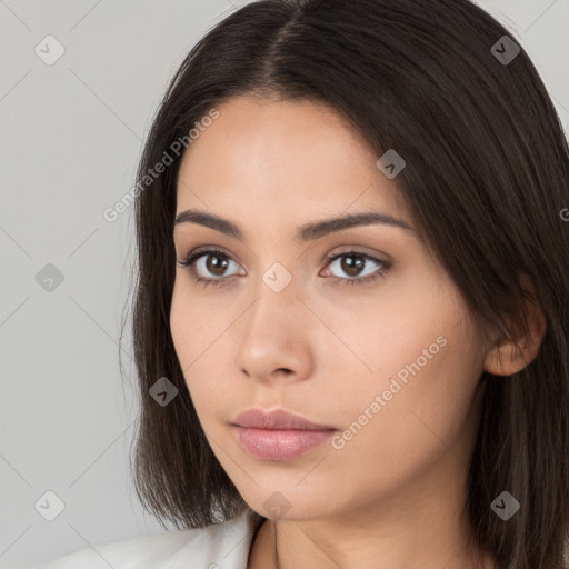 Neutral white young-adult female with long  brown hair and brown eyes