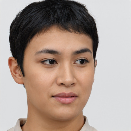 Joyful asian young-adult female with short  brown hair and brown eyes