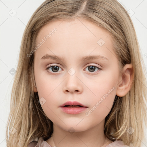 Neutral white child female with long  brown hair and brown eyes