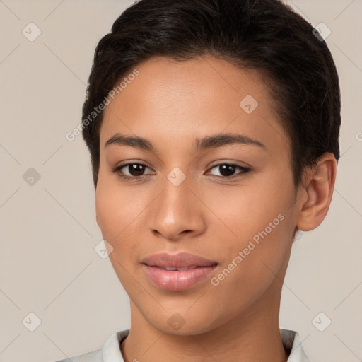 Joyful latino young-adult female with short  brown hair and brown eyes