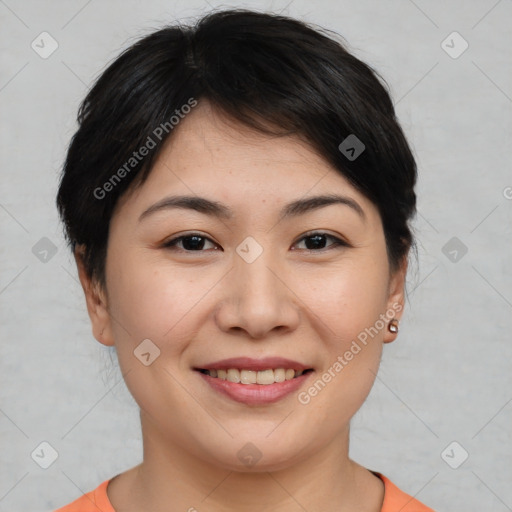 Joyful asian young-adult female with short  brown hair and brown eyes