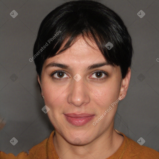 Joyful white young-adult female with short  brown hair and brown eyes