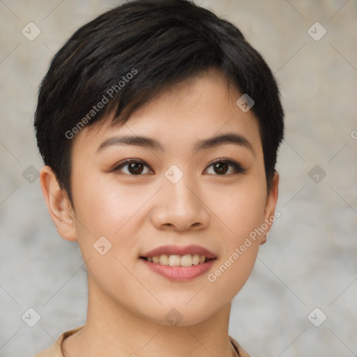 Joyful asian young-adult female with short  brown hair and brown eyes