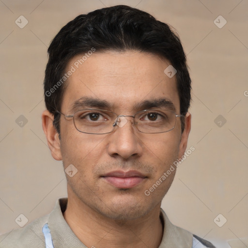 Neutral asian young-adult male with short  black hair and brown eyes