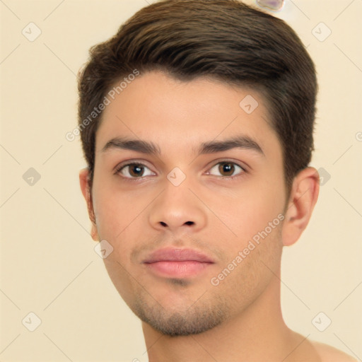 Neutral white young-adult male with short  brown hair and brown eyes