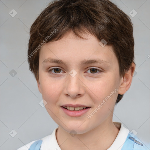 Joyful white child female with short  brown hair and brown eyes