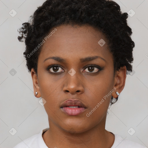 Neutral black young-adult female with short  black hair and brown eyes