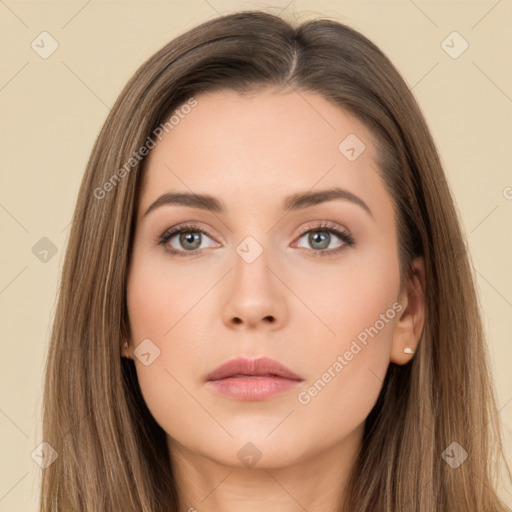 Neutral white young-adult female with long  brown hair and brown eyes