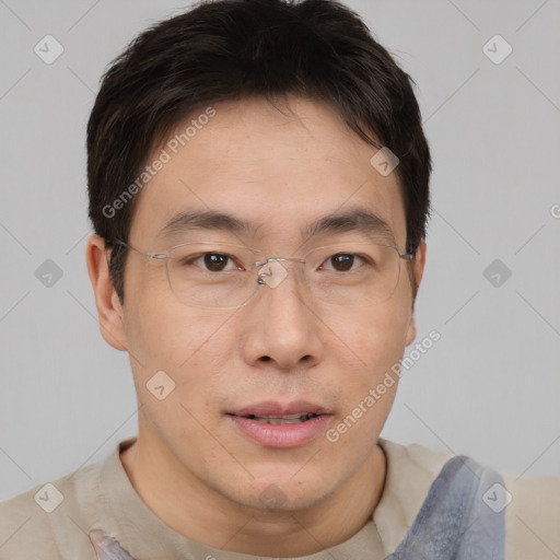 Neutral asian young-adult male with short  brown hair and brown eyes