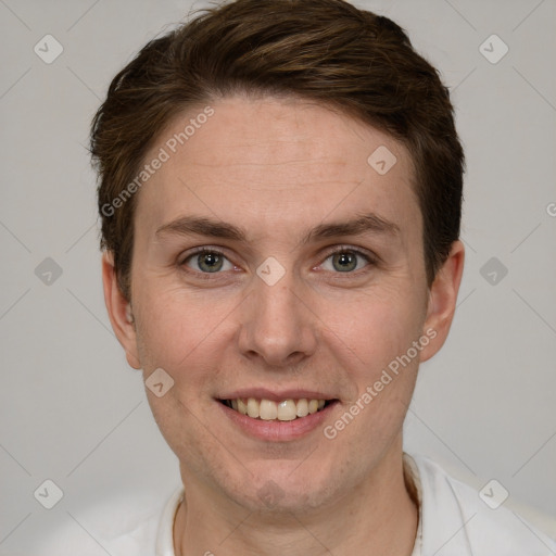 Joyful white adult female with short  brown hair and grey eyes