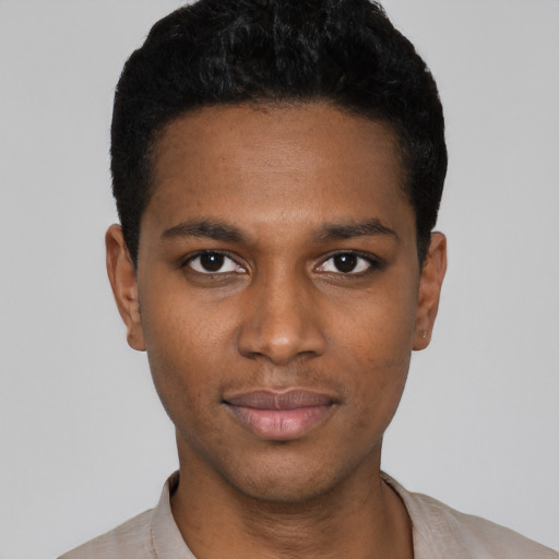 Neutral black young-adult male with short  black hair and brown eyes