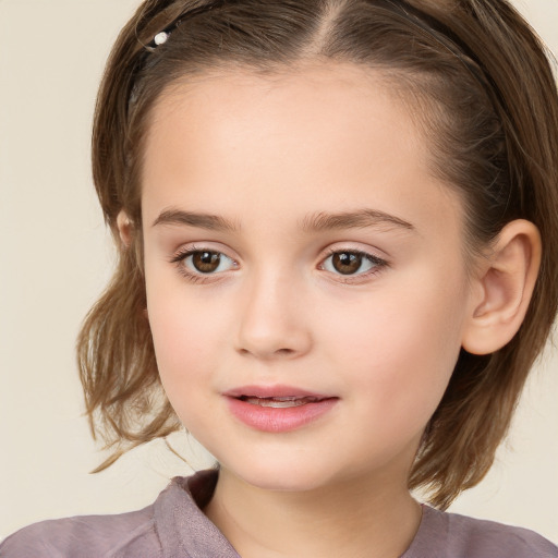 Joyful white child female with medium  brown hair and brown eyes