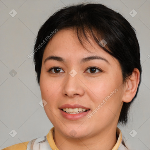 Joyful white young-adult female with medium  brown hair and brown eyes