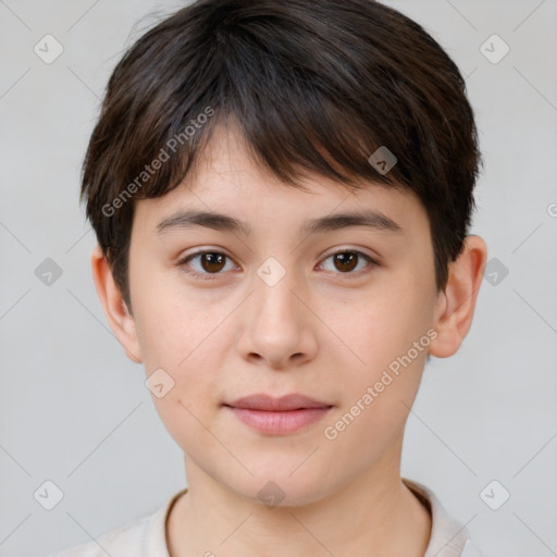 Neutral white young-adult female with short  brown hair and brown eyes