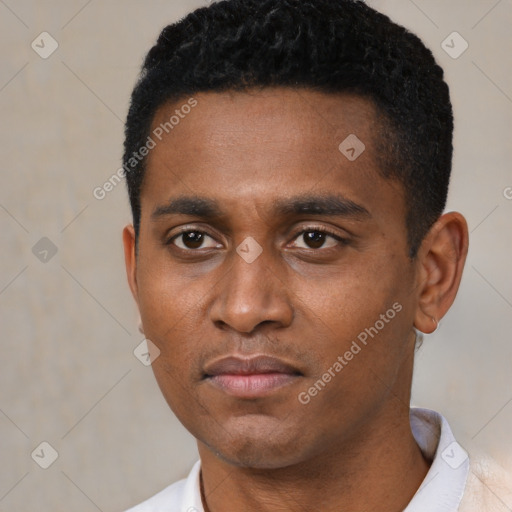 Neutral black young-adult male with short  black hair and brown eyes
