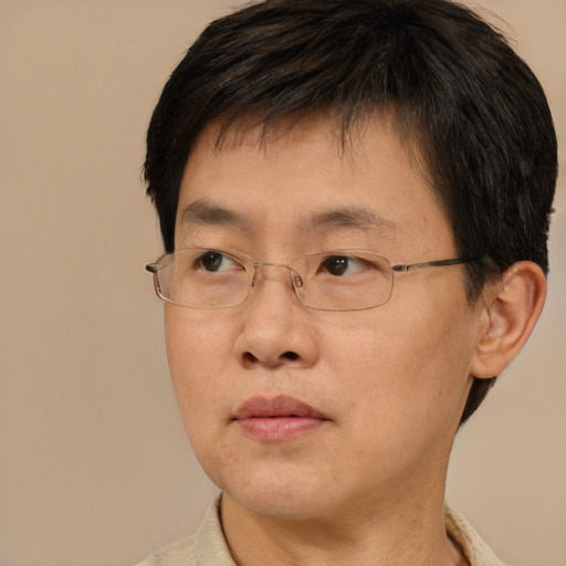 Neutral asian adult male with short  brown hair and brown eyes