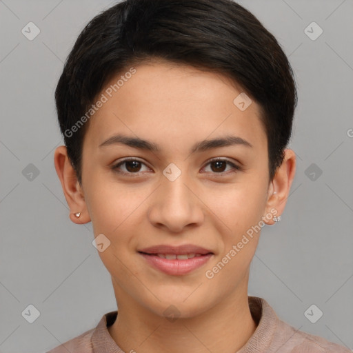 Joyful white young-adult female with short  brown hair and brown eyes