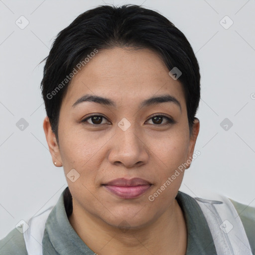 Joyful asian young-adult female with short  brown hair and brown eyes