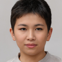 Joyful asian child male with short  brown hair and brown eyes