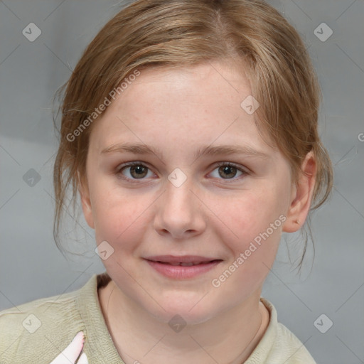 Joyful white child female with medium  brown hair and grey eyes