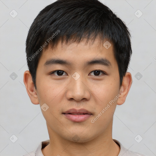 Neutral asian young-adult male with short  black hair and brown eyes