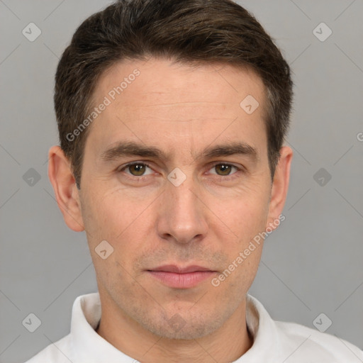 Neutral white adult male with short  brown hair and brown eyes