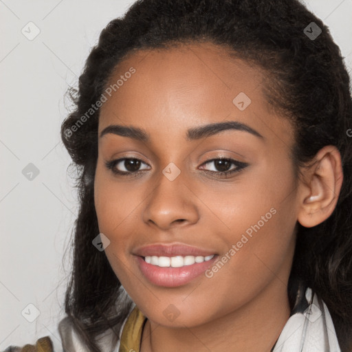 Joyful latino young-adult female with long  brown hair and brown eyes