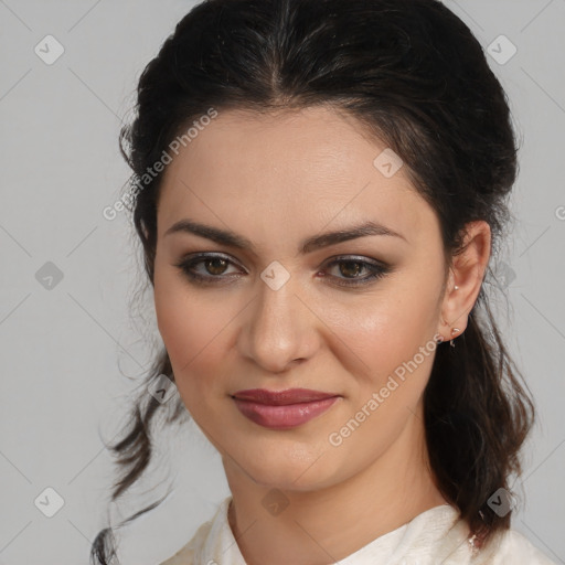 Joyful white young-adult female with medium  brown hair and brown eyes