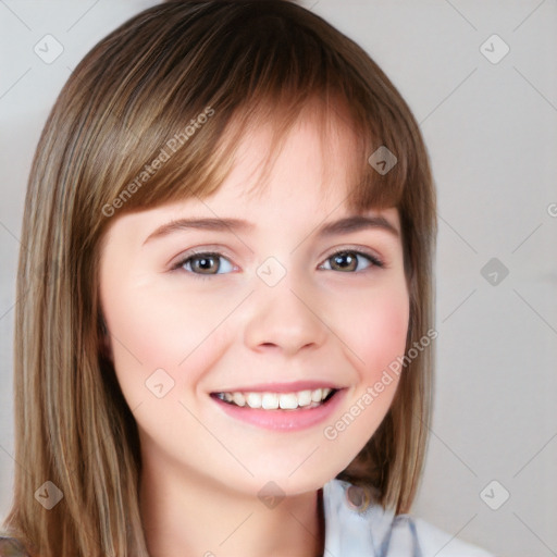 Joyful white child female with long  brown hair and brown eyes