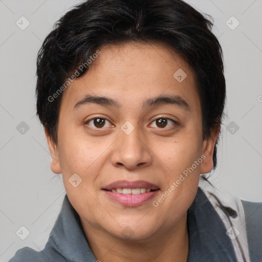 Joyful white young-adult female with medium  brown hair and brown eyes