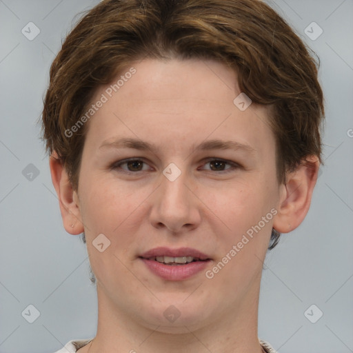 Joyful white young-adult female with short  brown hair and grey eyes