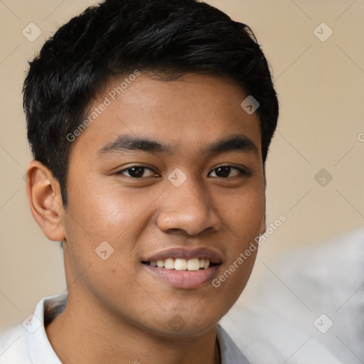 Joyful latino young-adult male with short  brown hair and brown eyes