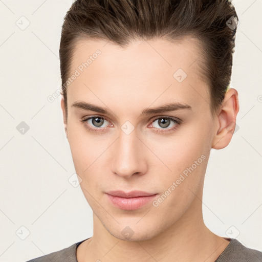 Neutral white young-adult male with short  brown hair and brown eyes