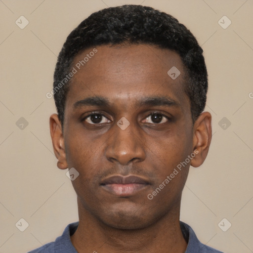Neutral black young-adult male with short  black hair and brown eyes